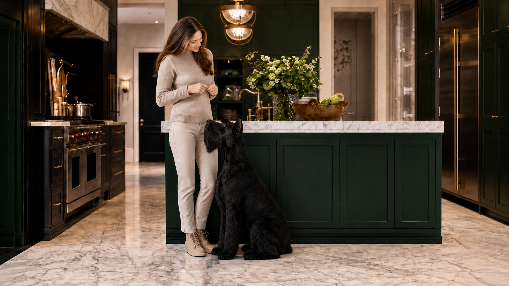 Carol offering a treat to a black Giant Schnauzer sitting beside a deep green kitchen island