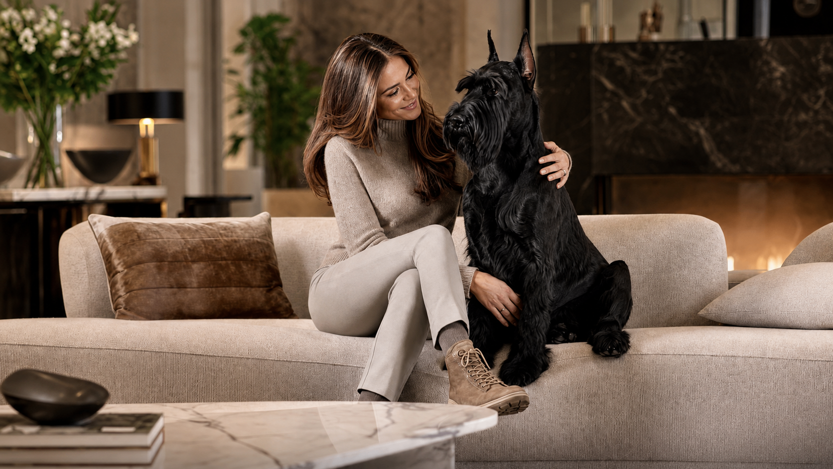 Carol sitting on a sofa beside a large black schnauzer in a warm living room