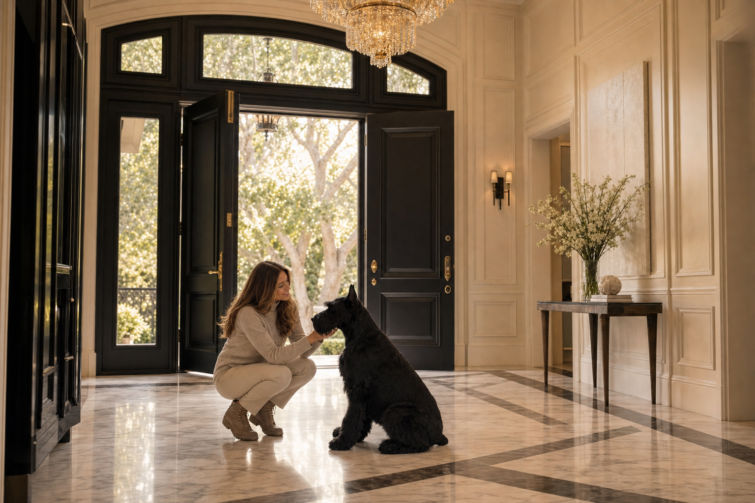 Carol greeting her Giant Schnauzer in a grand entryway
