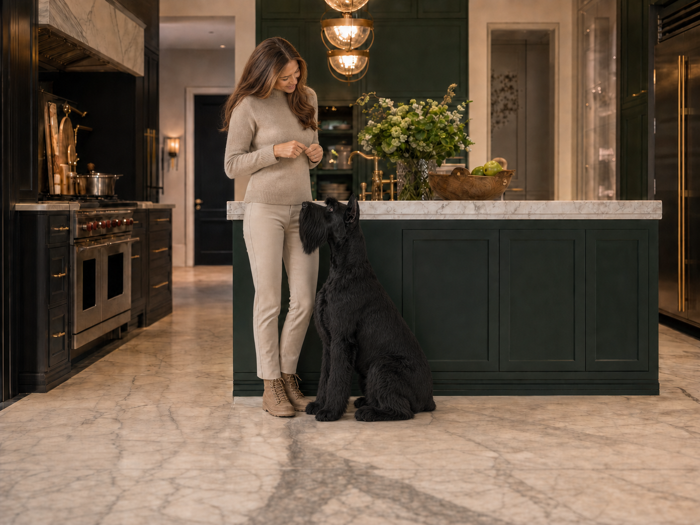 Carol with her Giant Schnauzer in a warm, elegant kitchen